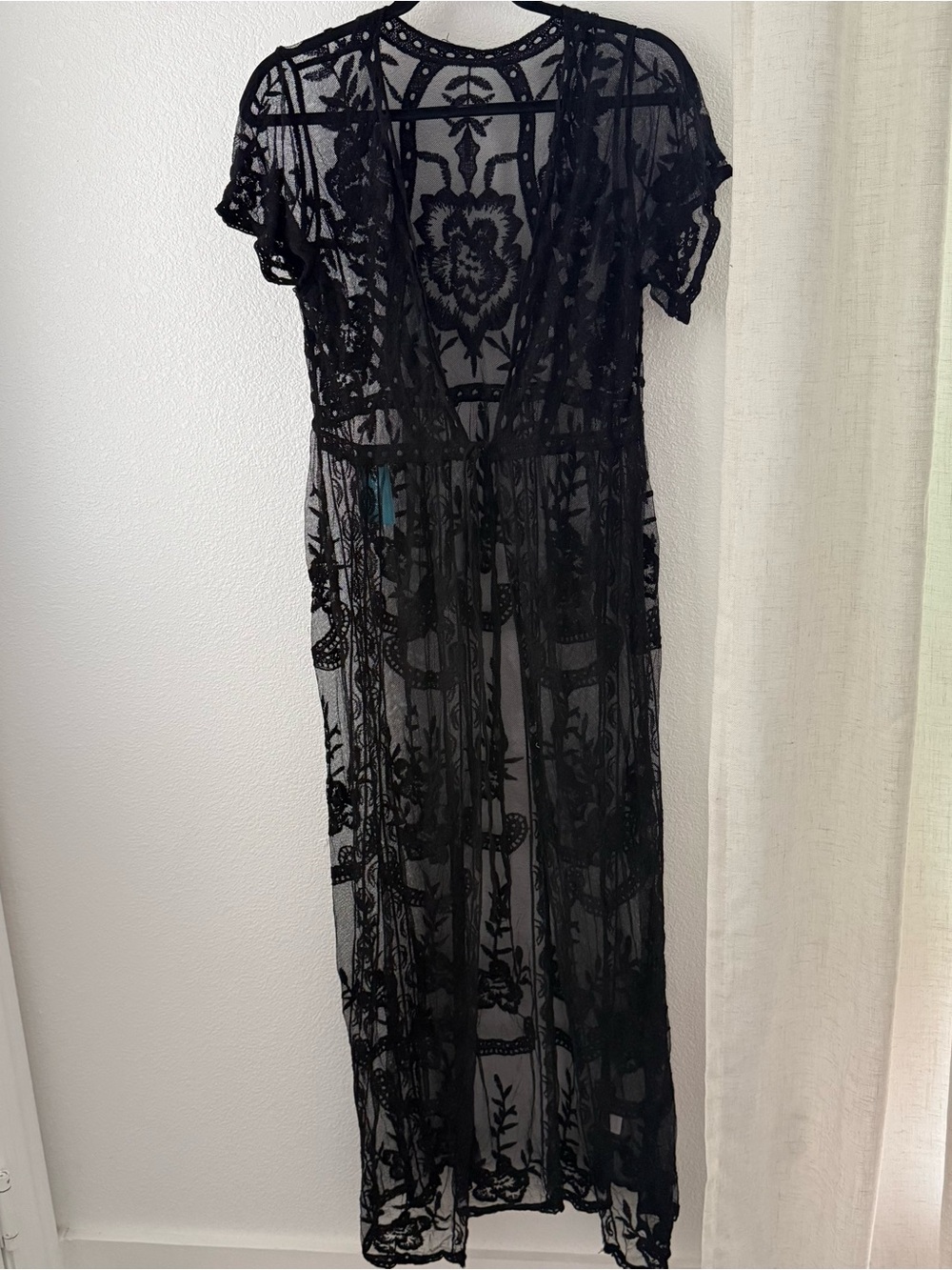 NWT Popvil Black Short Sleeve Long Lace Kimono Duster Medium